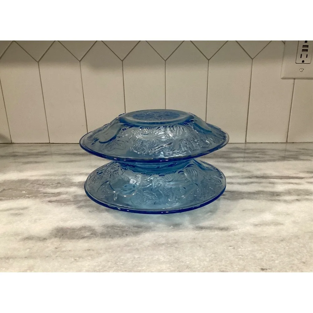 Set of 4 KIG Indonesia Poinsettia Blue Glass Plates Embossed Fruit 8.5